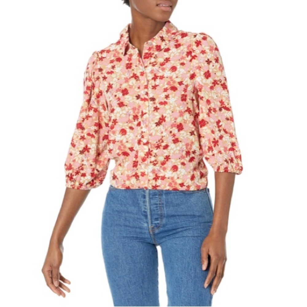 NANETTE LEPORE Boho Pink Burgundy Office Floral Edwardian Puff Button down Top L